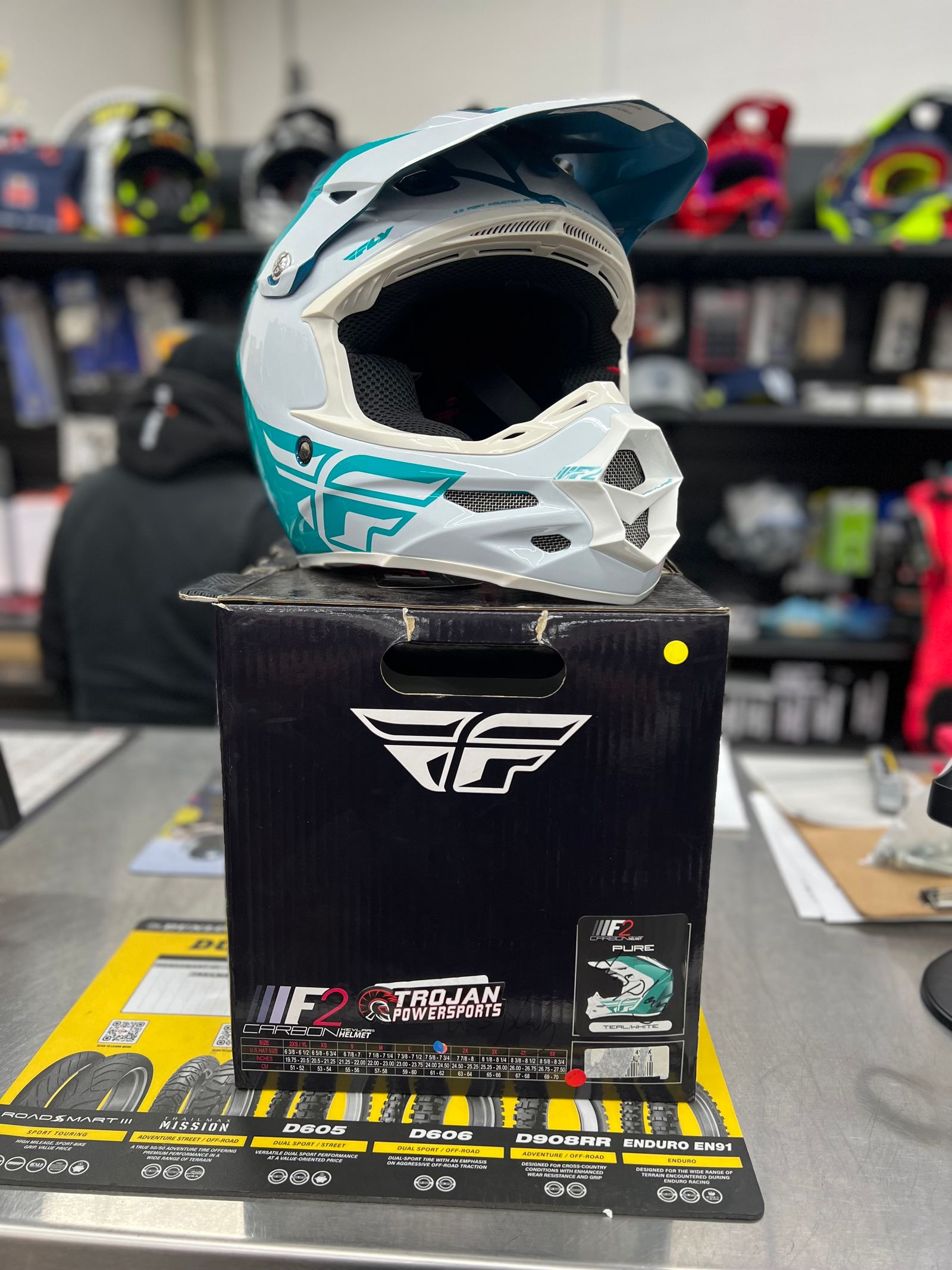 FLY RACING F2 CARBON PURE HELMET TEAL WHITE XL 73 4138X