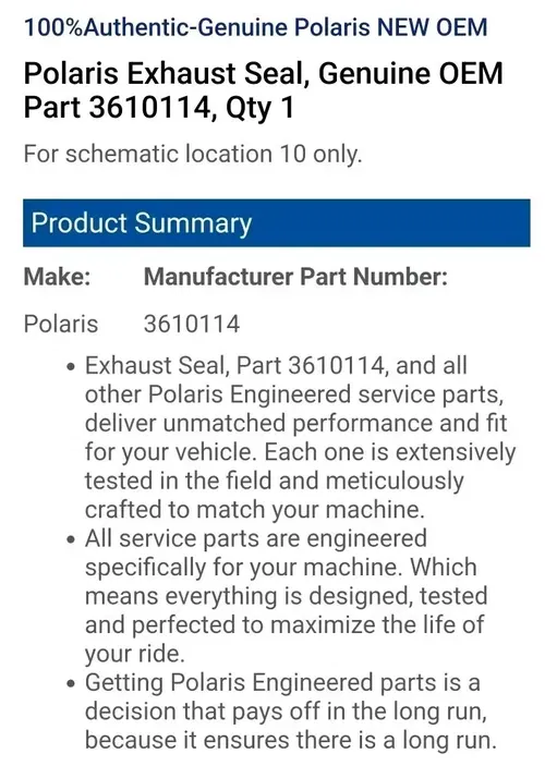 Polaris Scrambler Sportsman Exhaust Seal Genuine Polaris Part 3610114 New