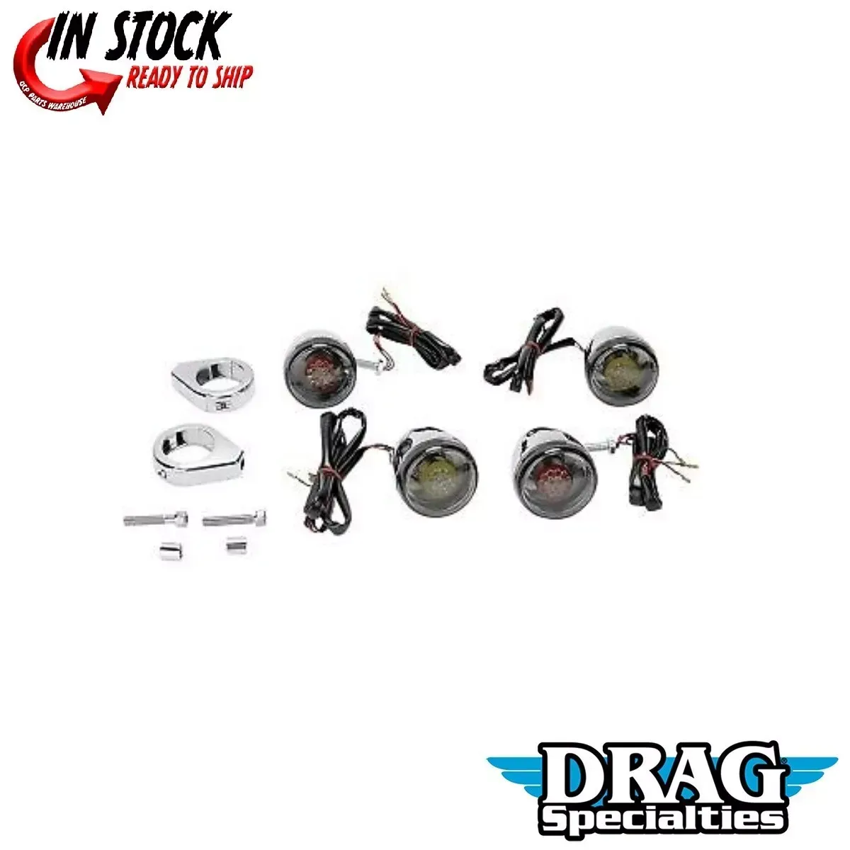 Drag Specialties Chrome Smoke Deuce-Style LED Turn Signal Kit w/ 41mm Clamps