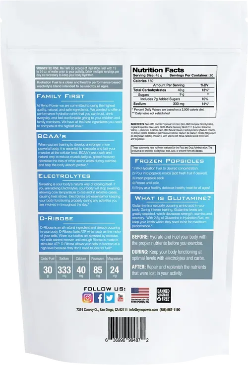 RYNO POWER Hydration Fuel Drink Mix - Fruit Punch - Fits 2 Lb - 20 Servings