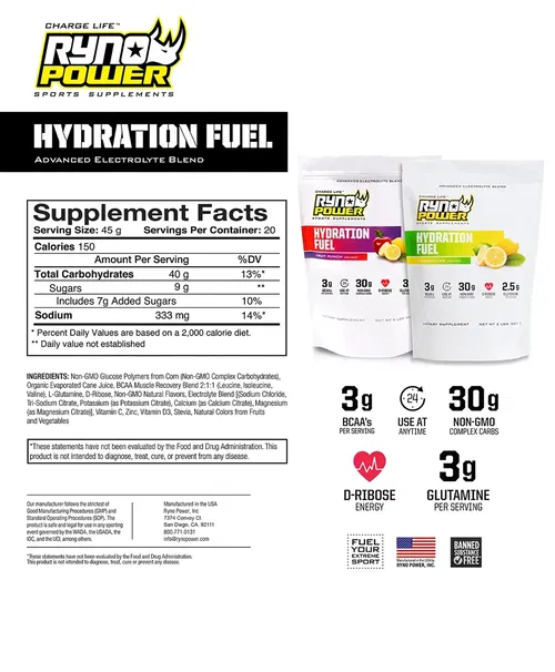 RYNO POWER Hydration Fuel Drink Mix - Fruit Punch - Fits 2 Lb - 20 Servings