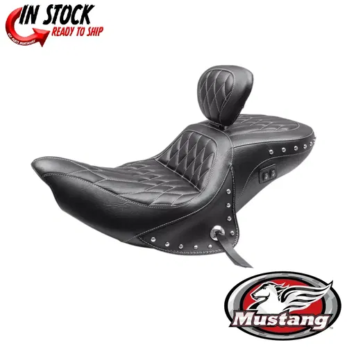 Mustang Black Concho Diamond Heated 2 up Motorcycle Seat 16-20 Indian Roadmaster