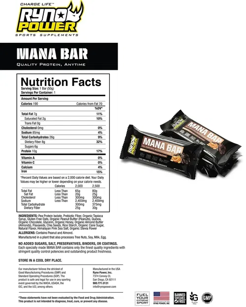 RYNO POWER Mana Protein Bar - Chocolate Peanut Butter - Fits 12 Pack With