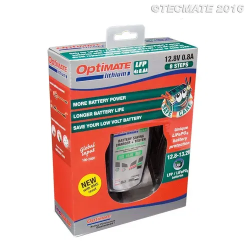TecMate OptiMate Lithium 4s 0.8A, 8-step 12.8/13.2V Battery Saving Charger TM471