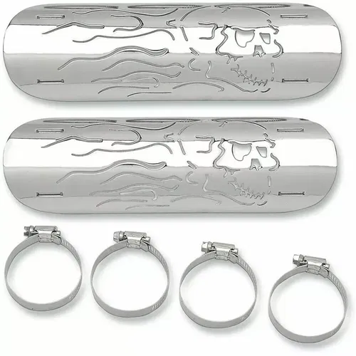 Drag Specialties Chrome 10" Flaming Skull Heat Shields Universal Exhust Fit