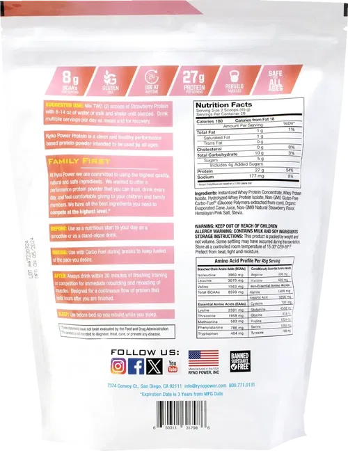RYNO POWER Protein Powder - Strawberry - Fits 2 Lb - 20 Servings PRO-STRAW-2LB
