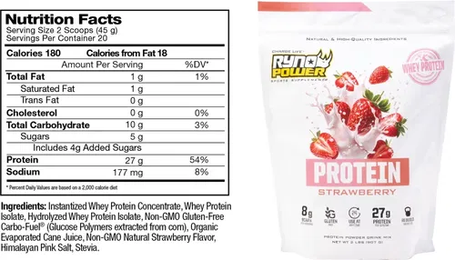 RYNO POWER Protein Powder - Strawberry - Fits 2 Lb - 20 Servings PRO-STRAW-2LB