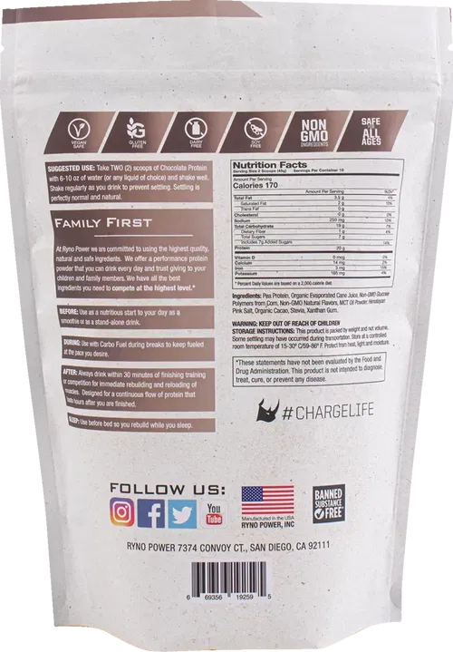 RYNO POWER Plant-Based Protein Powder - Chocolate - 1 lb - 10 Servings