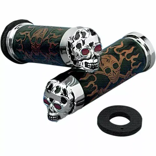 Drag Specialties Skull Grips w/ Red Eyes for 1982-2017 Harley Dual-Cable
