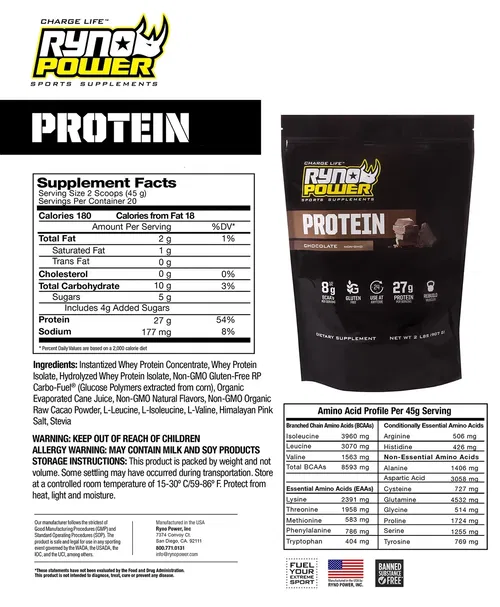 RYNO POWER Protein Powder - Chocolate - 1 lb - 10 Servings 1LB-PPC