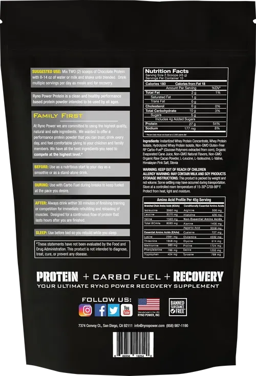 RYNO POWER Protein Powder - Chocolate - 1 lb - 10 Servings 1LB-PPC