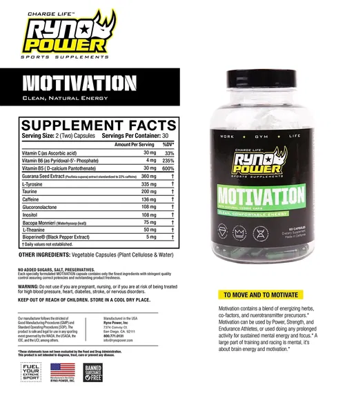 RYNO POWER Motivation Capsules - Fits 60 Ct. Bottle MOT882