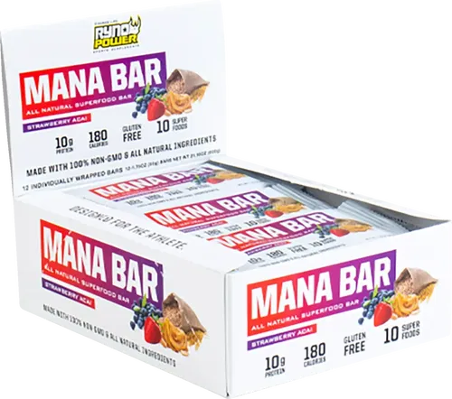 RYNO POWER Mana Protein Bar - Strawberry Acai - Fits 12 Pack With Display Caddy