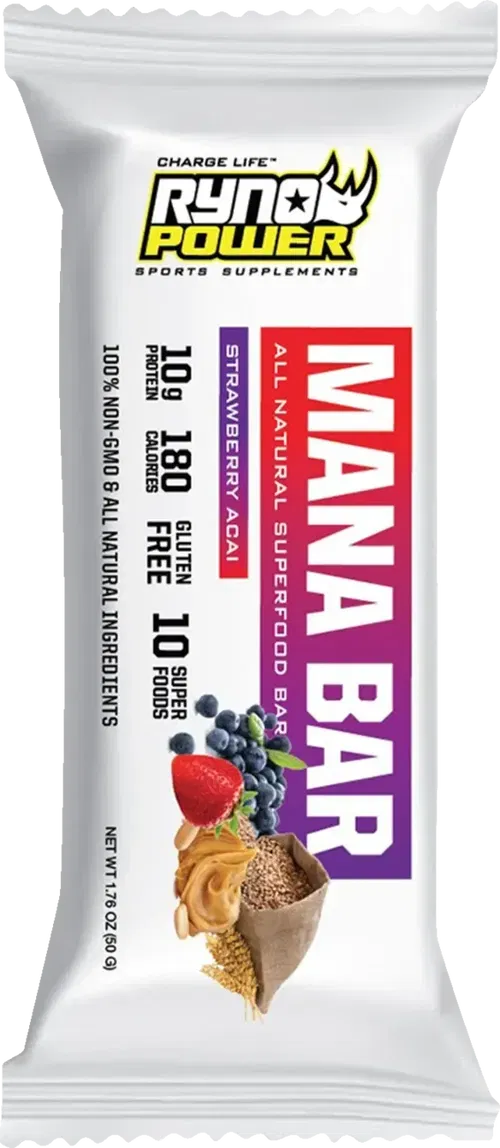 RYNO POWER Mana Protein Bar - Strawberry Acai - Fits 12 Pack With Display Caddy