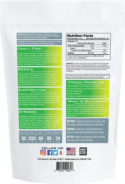 RYNO POWER Hydration Fuel Drink Mix - Lemon/Lime - Fits 2 Lb - 20 Servings