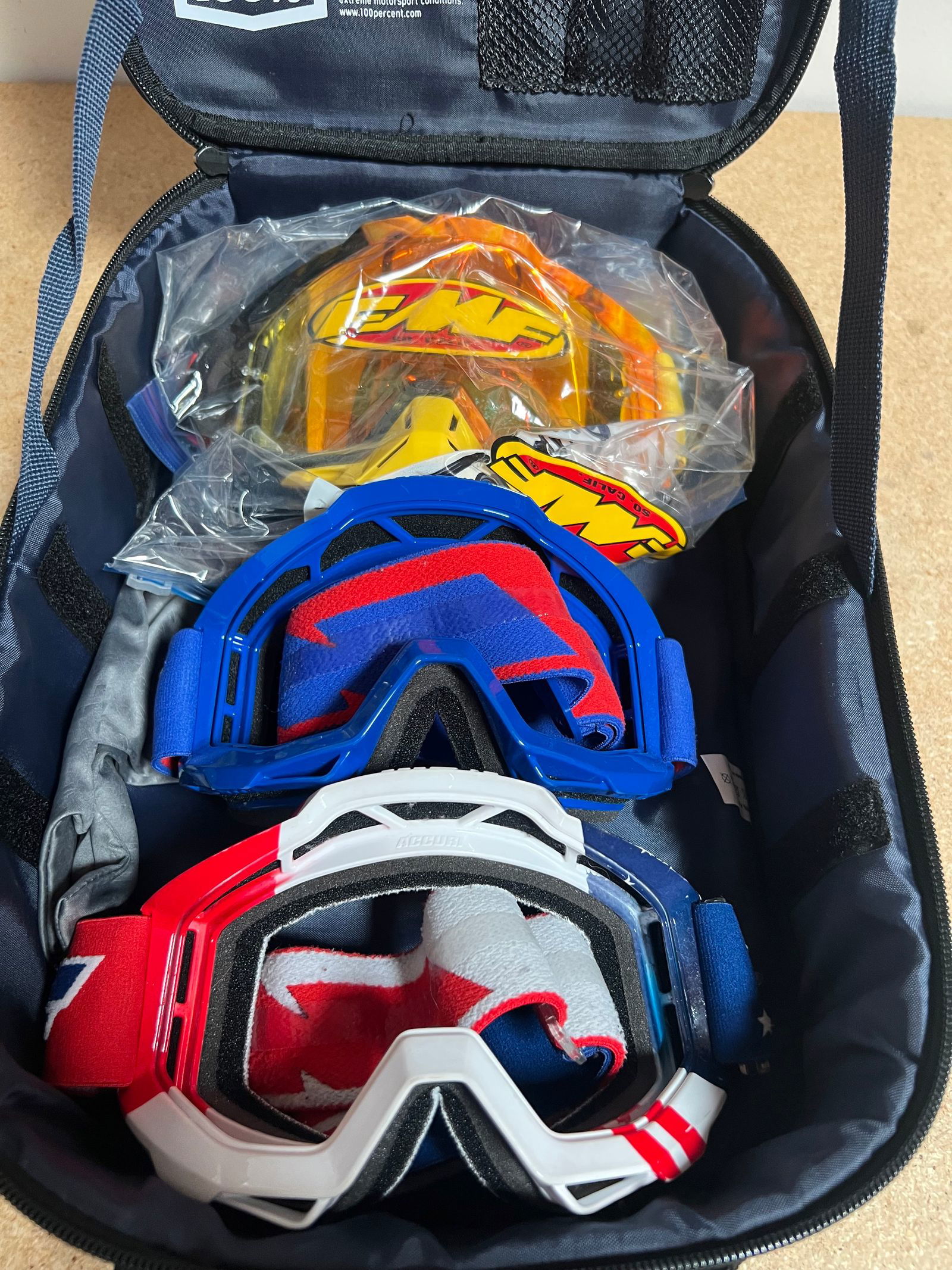 100% FMF Goggle Lot (3 Pairs + Goggle Bag)