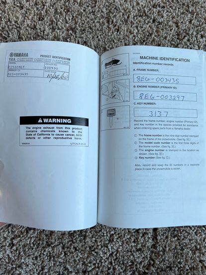 Yamaha 2000 PZ500F snowmobile OEM Owner’s Manual