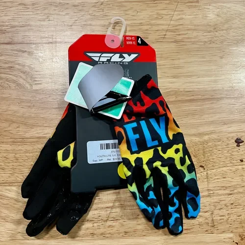 FLY RACING YOUTH LITE S.E. EXOTIC GLOVES RED/YELLOW/BLUE SIZE YS