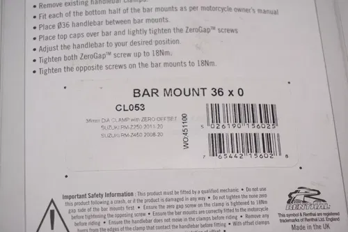 Renthal Fatbar 36 Bar Mounts 0º Offset CL053 36mm Suzuki RMZ250 RMZ450 A5