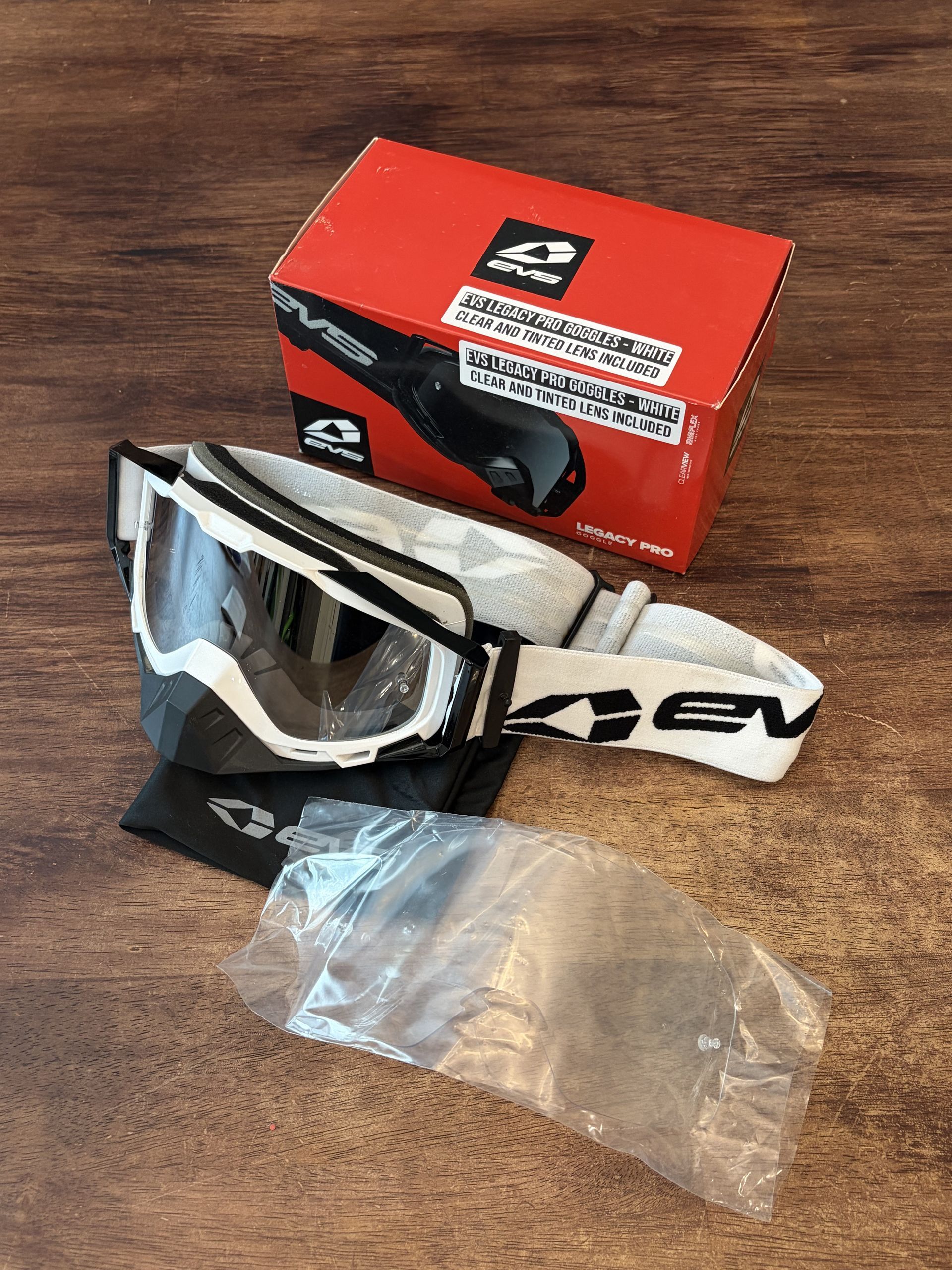 NEW EVS Legacy Pro Goggles - White / Black / Clear / Tinted Lens - GLP-WHBK DEMO