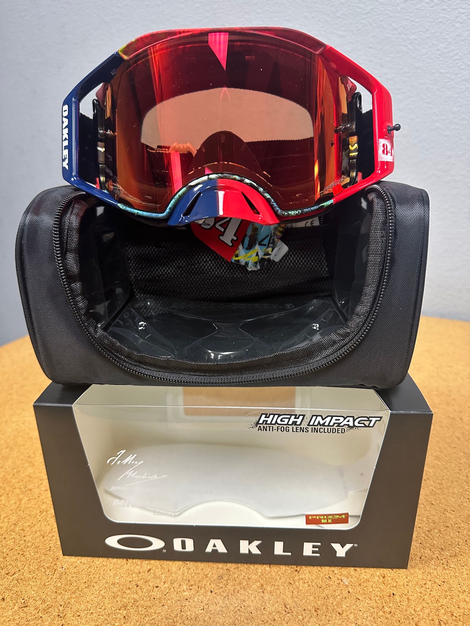 NEW Oakley Airbrake Herlings Goggles Red Wht Blu Prizm Red Torch