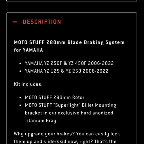 Front Brake Yamaha (complete)
Motostuff Billet Caliper 
