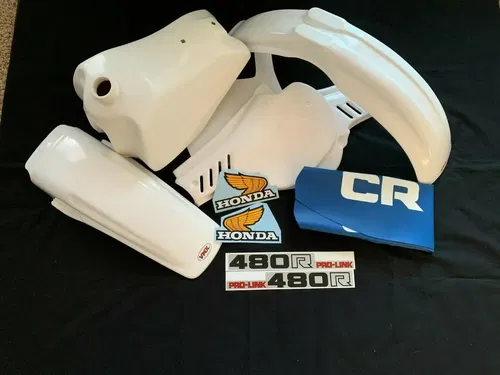 HONDA 1983 CR480 PLASTIC KIT WITH TANK 1983 CR 480 TANK AND PLASTICS WHITE MUGEN